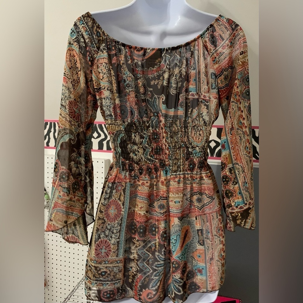 VTG Jordache Boho Sz Sm, Sheer Artsy Top with off shoulder & Bat Wing Sleeves - Picture 2 of 7